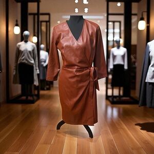 Susan Graver Terracotta Faux Leather Wrap Dress